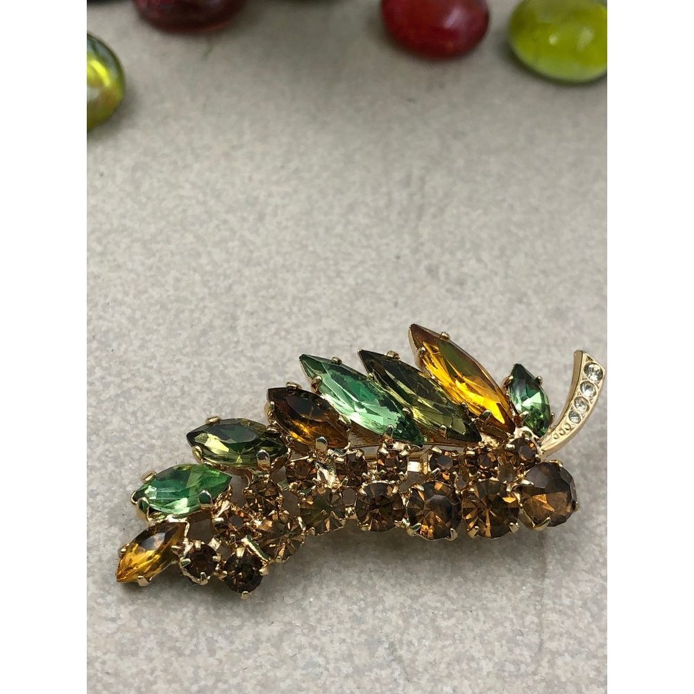 Vintage Multicoloured Rhinestone Leaf Brooch